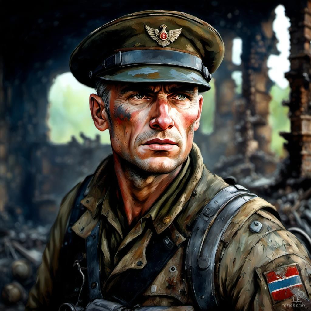 WWII Soldier in Ruins: Hyperdetailed Acrylic Portrait