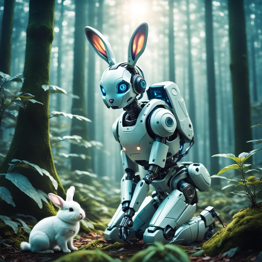 Cyborg and Bunny in Futuristic Forest