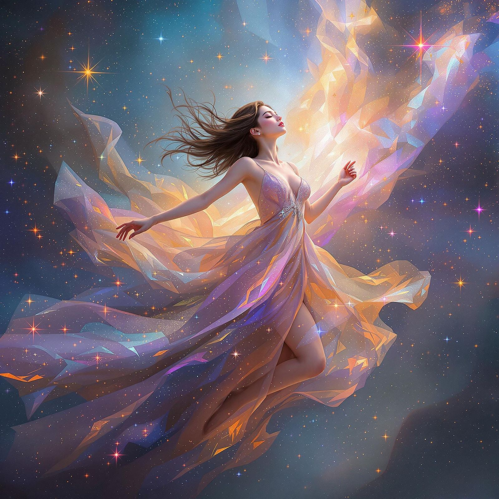 Asian Woman in Iridescent Gown Amidst Cosmic Nebula