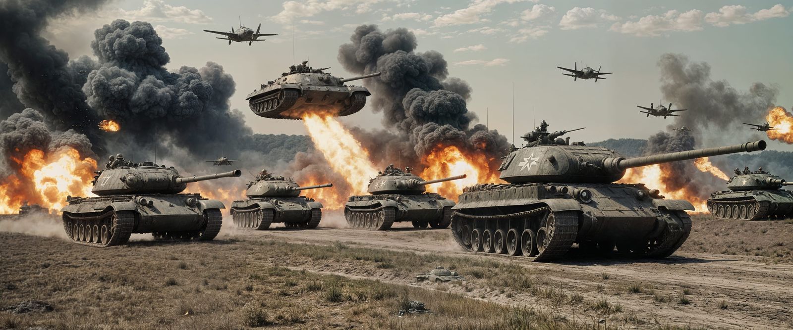 Flying Saucers over WWII Battlefield: Cinematic Still