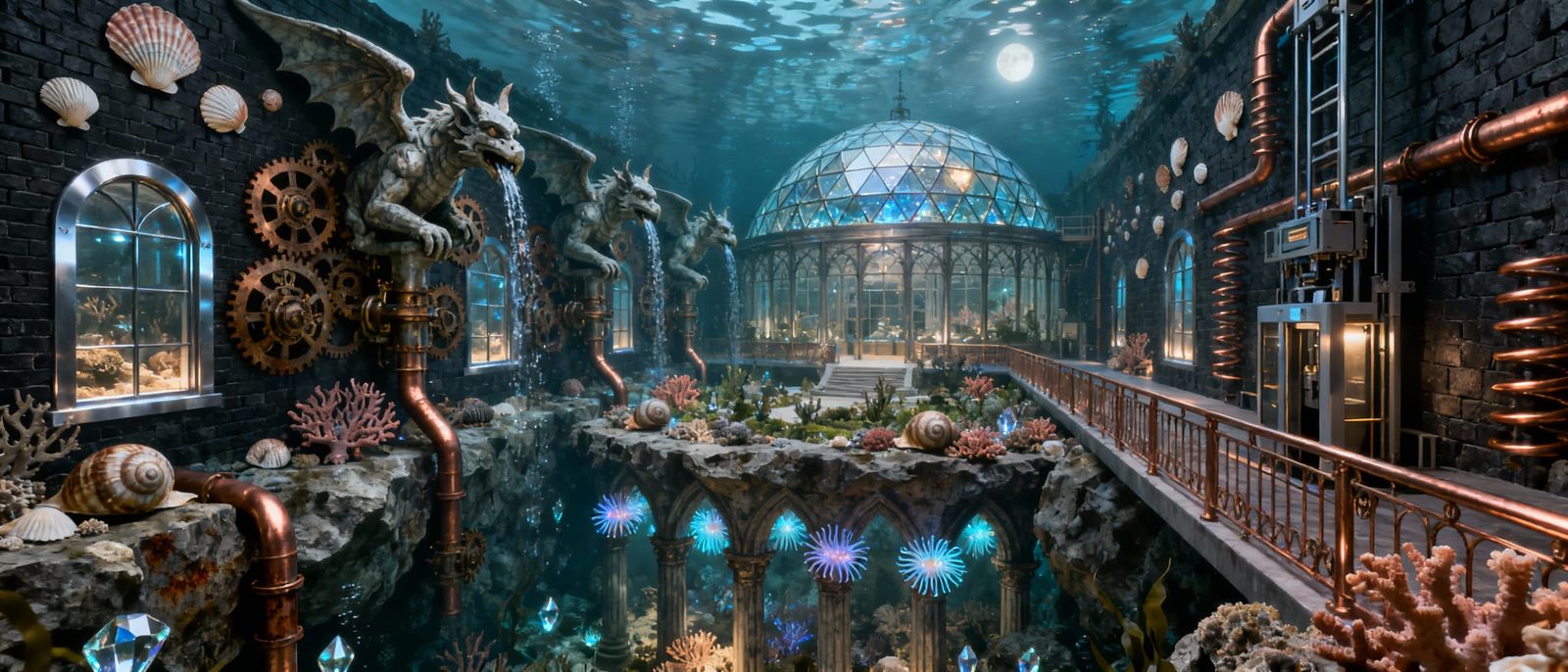 Gothic Steampunk Underwater Conservatory with Gargoyles
