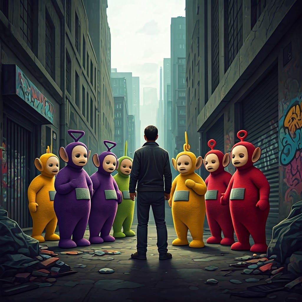 Angry Teletubbies Confront Man in Gritty Urban Scene