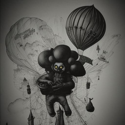 Shadowy Figure Ascends in Hot Air Balloon