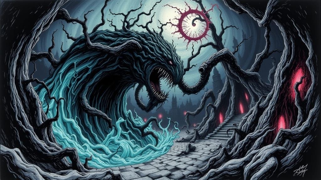 Colossal Maw Devours Village in Dynamic Fantasy Art Style