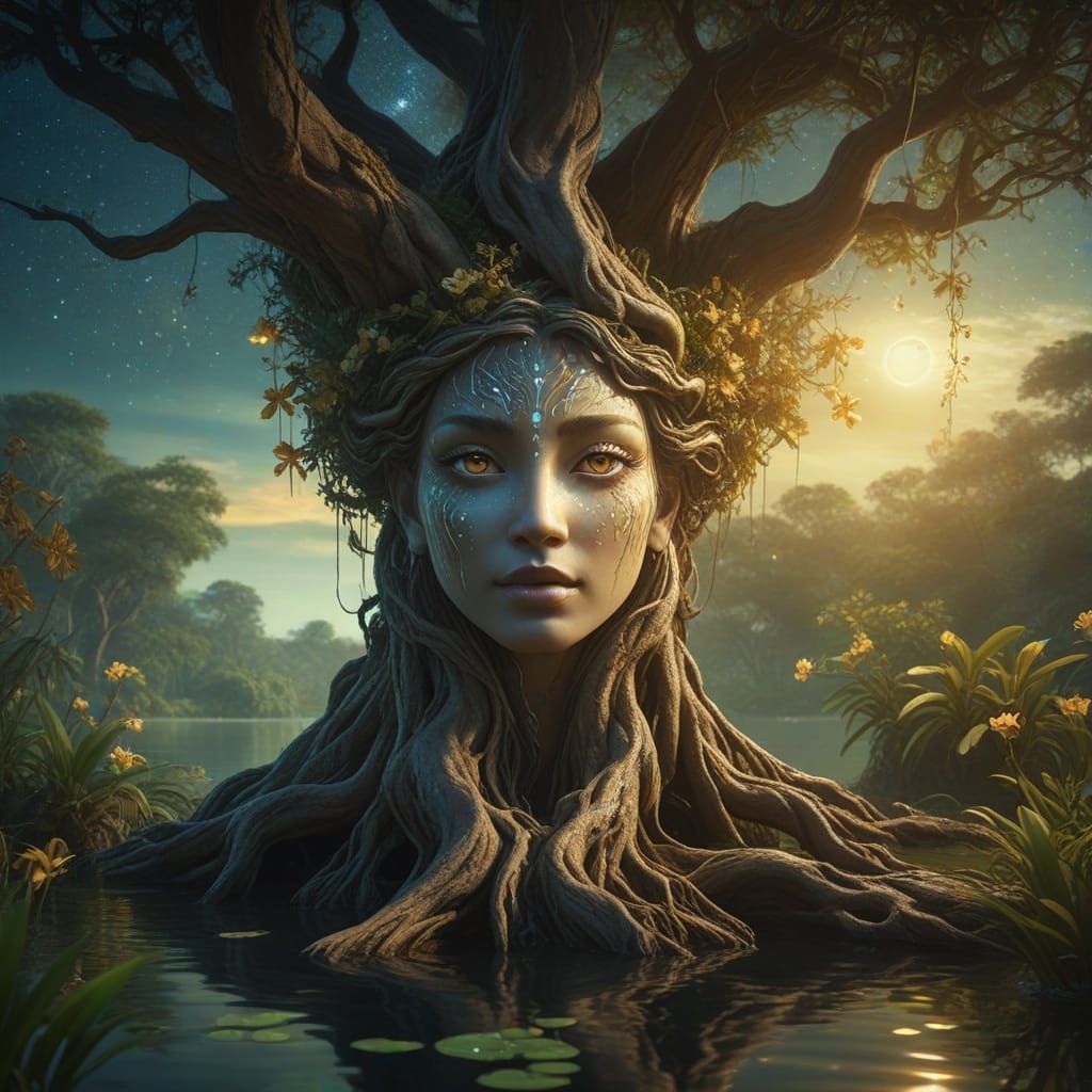 Surreal Goddess Tree in Lush Rainforest Dreamscape