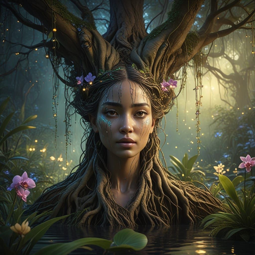 Ancient Goddess Tree in Surreal Rainforest Landscape