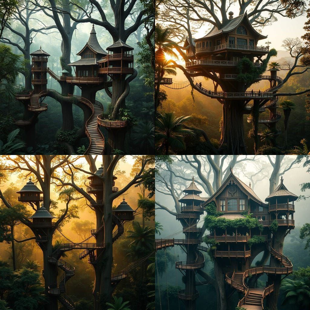 Ethereal Treehouse Complexes Amidst the Tanzure Forest Canop...