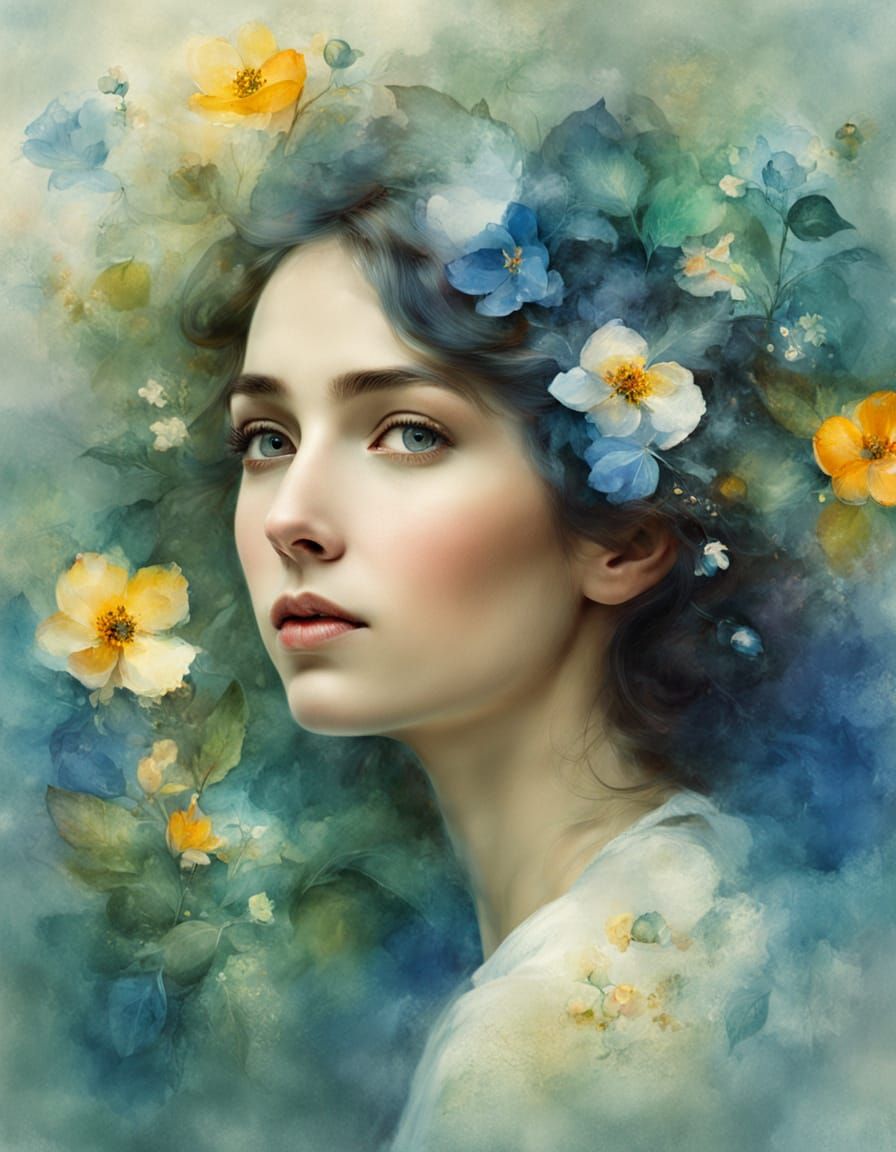 Dreamy Young Girl in Whimsical Floral Surroundings, Chagall-...