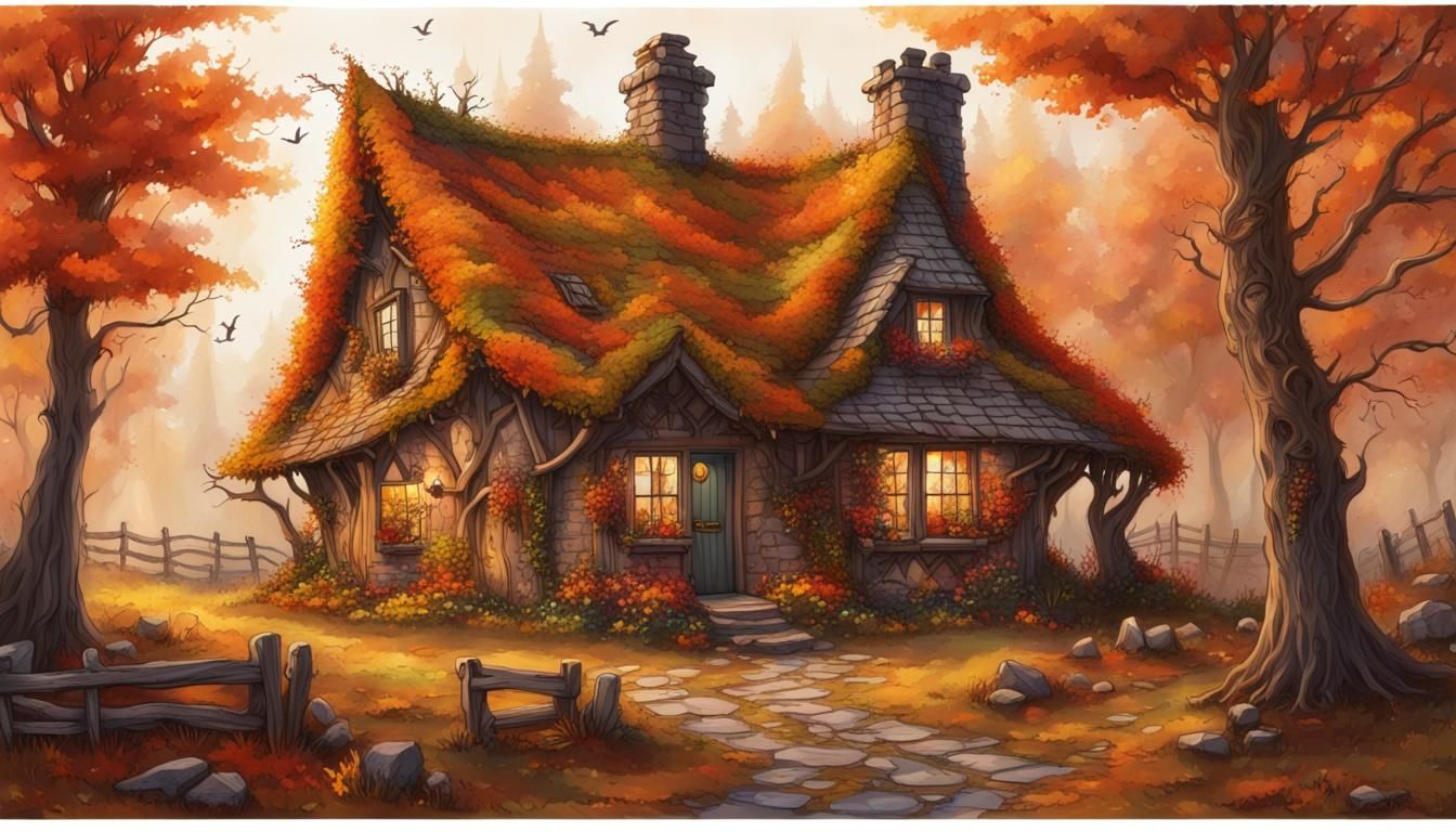 Whimsical Witch's Cottage in Autumn Landscape