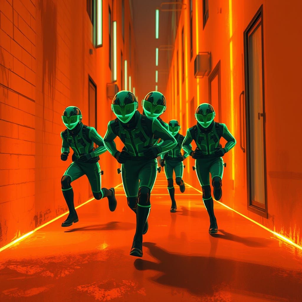 Neon Green Men in Ethereal Orange Alley