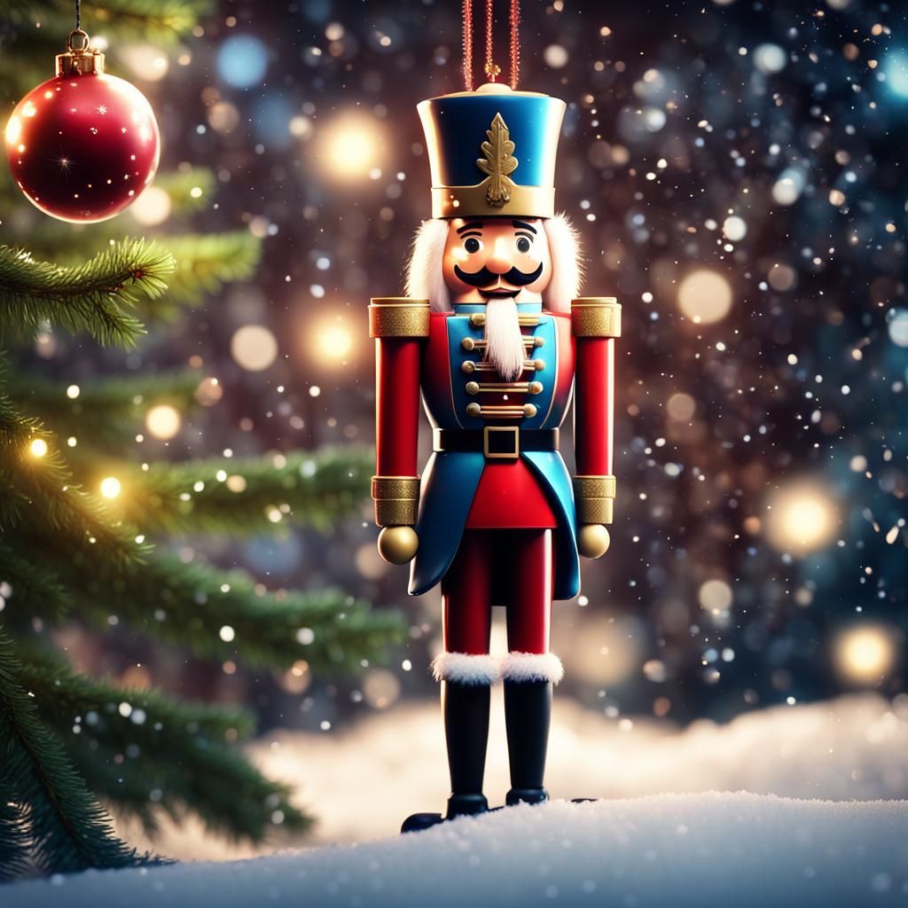 Festive Nutcracker on Christmas Tree with Snow