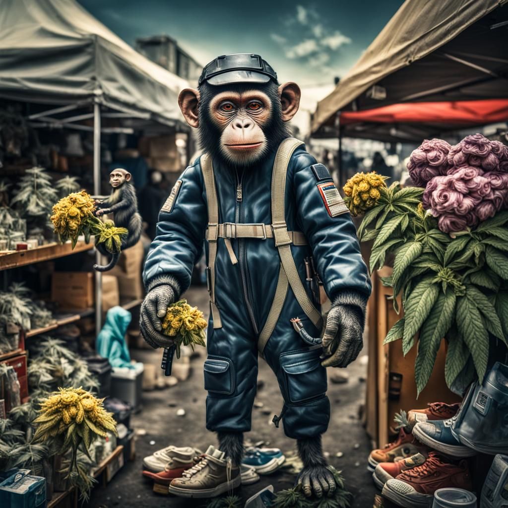 Monkey Aviator Suit at Flea Market, Hyperrealistic HDR