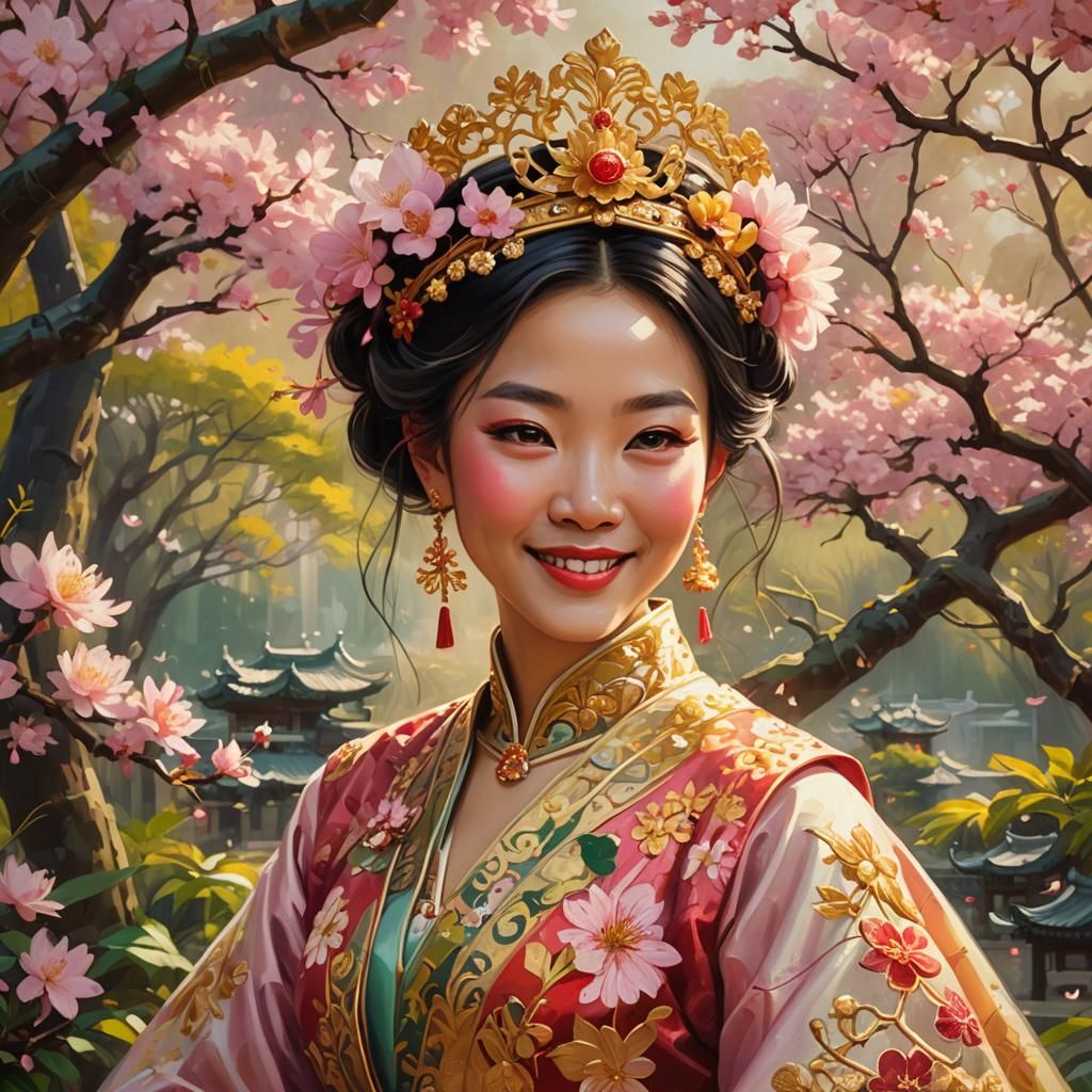 Asian Queen with Sakura Tiara in Oil Painting Style