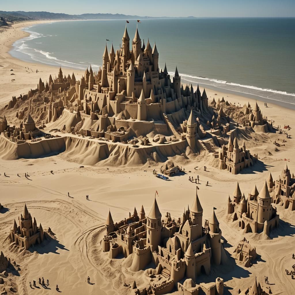 Detailed Sandcastle City on Beach: Digital Matte Painting