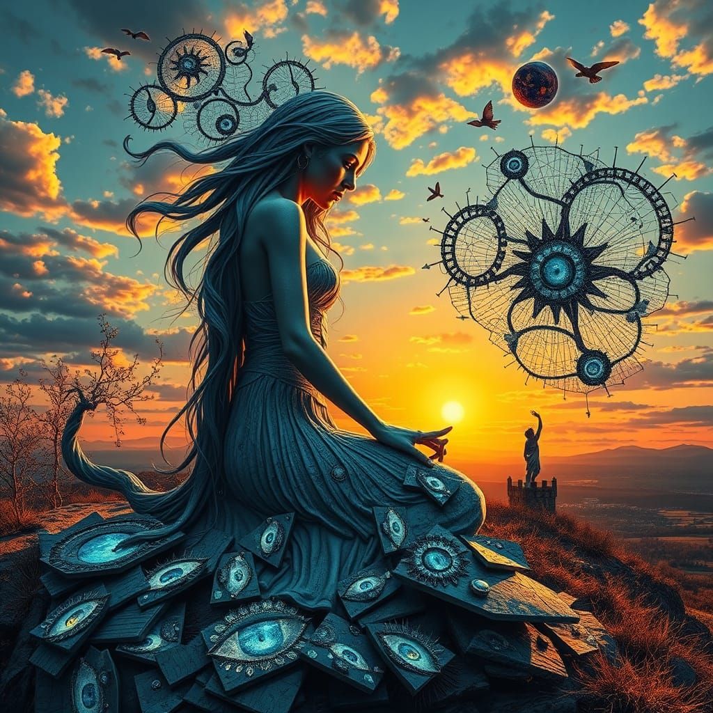 Surreal Bio Art Sculpture: Woman at Sunset