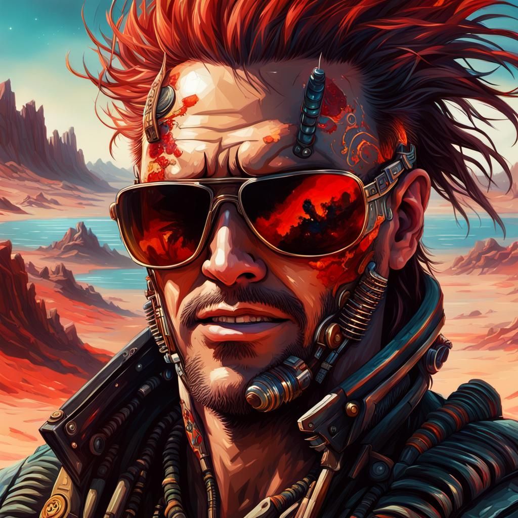 Cyberpunk Cyborg with Falling Stars: Hyperrealistic Portrait