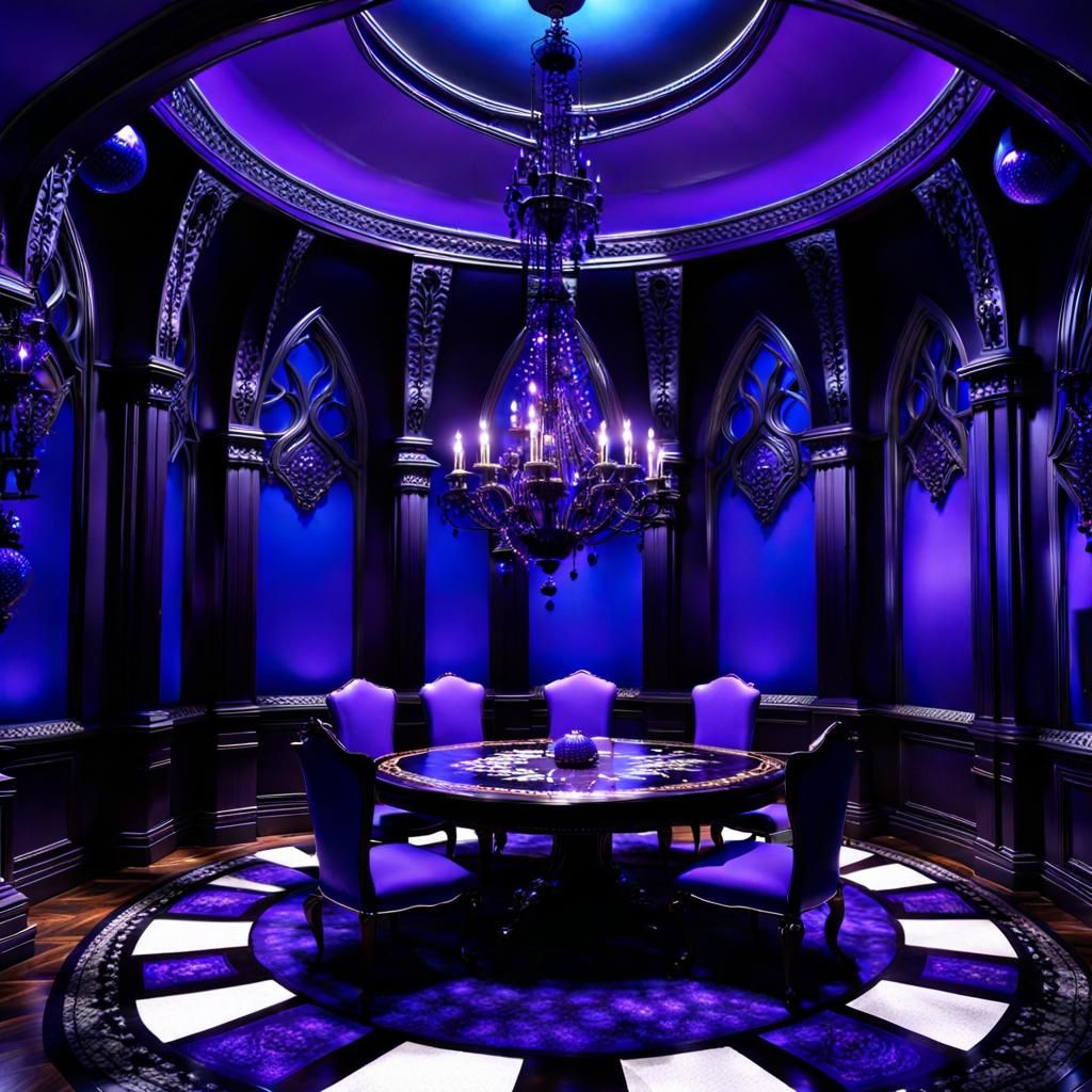 Circular round Gothic penthouse with purple walls with cobalt blue accents& Black opal pillars supporting a Circular got...