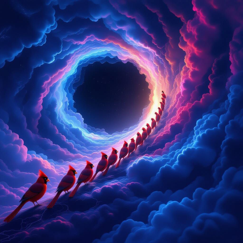 Crimson Cardinals Dissolve into Cosmic Event Horizon