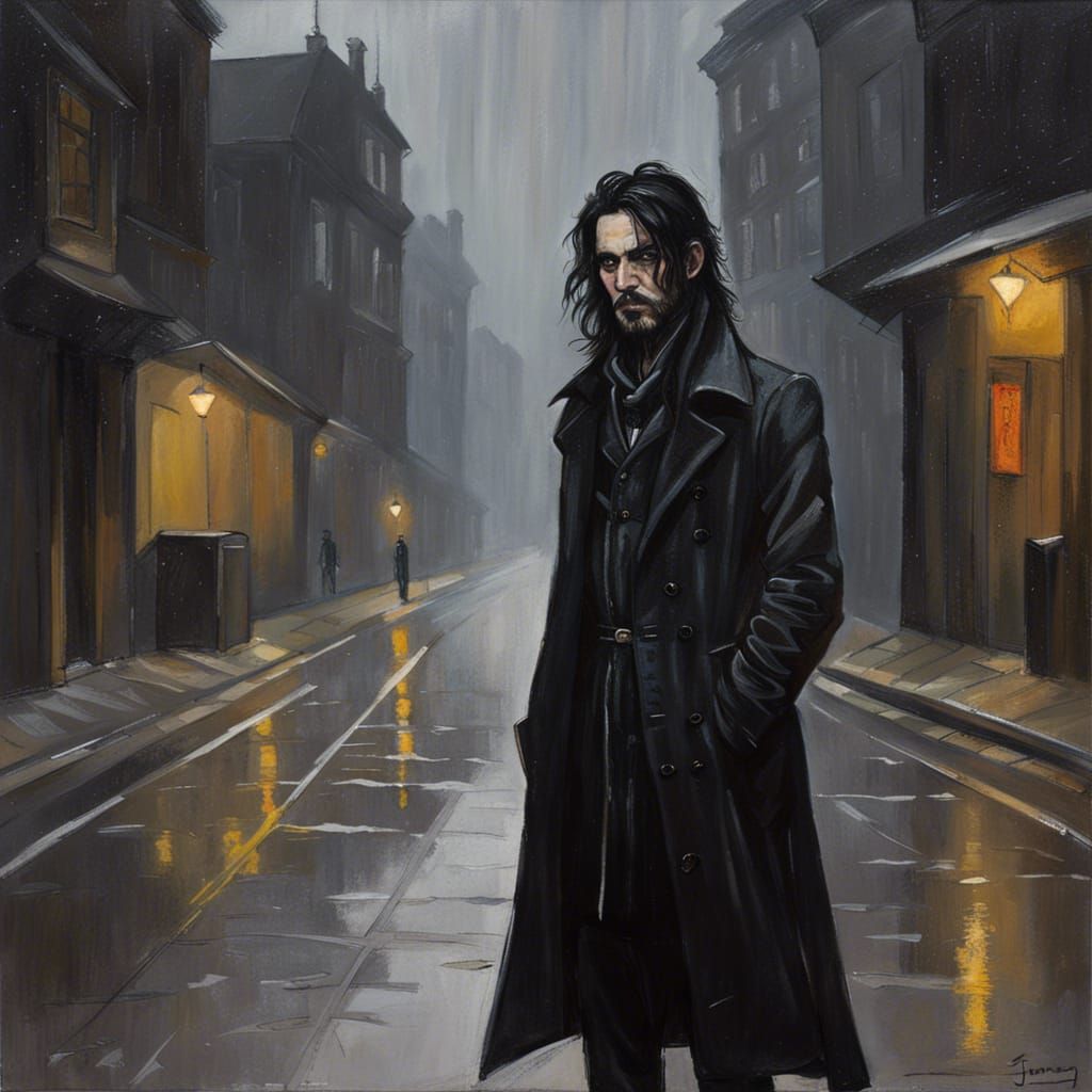 Gothic Metalhead in Rainy Town, Oil Painting