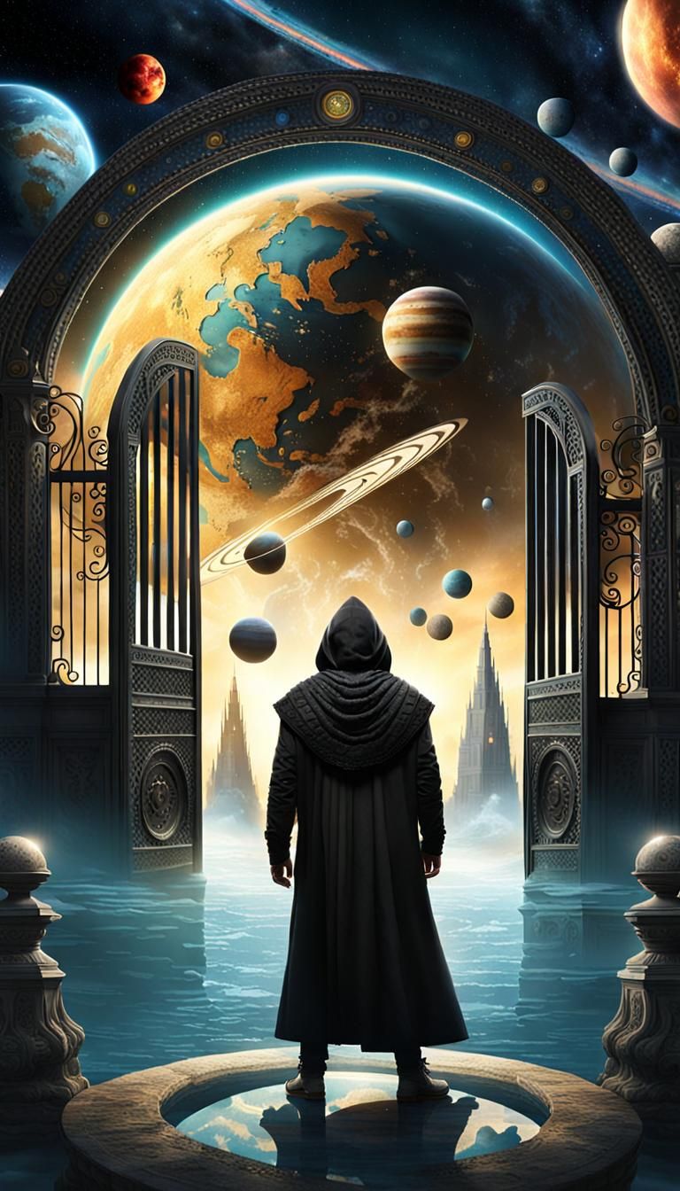 man black hood open gates for a palace in waters, with many ...
