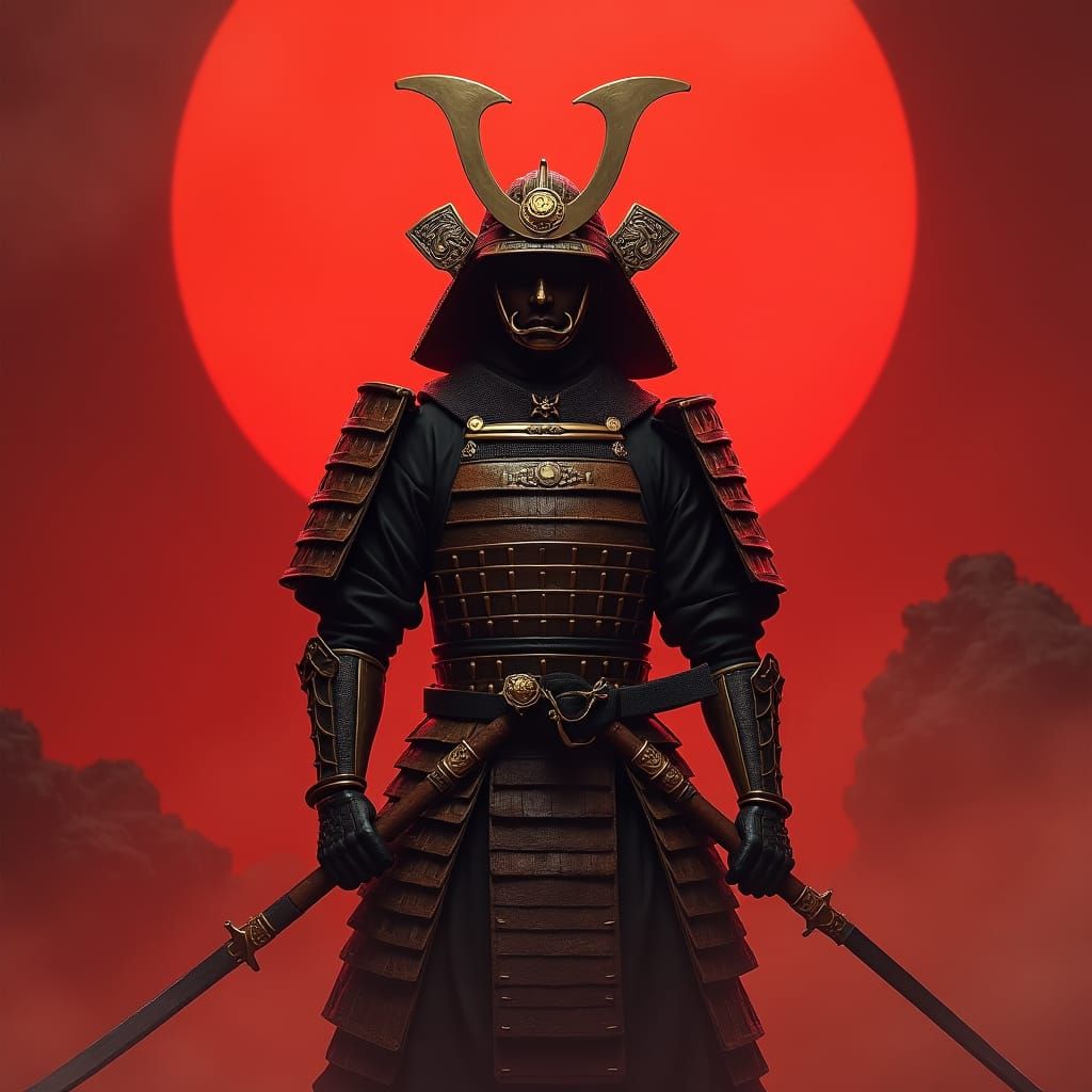 Samurai Warrior in Ornate Armor on Red Background