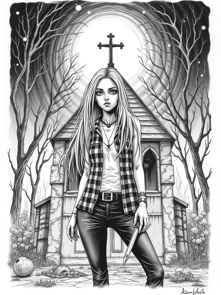 Menacing Woman with Razor in Junji Ito Style