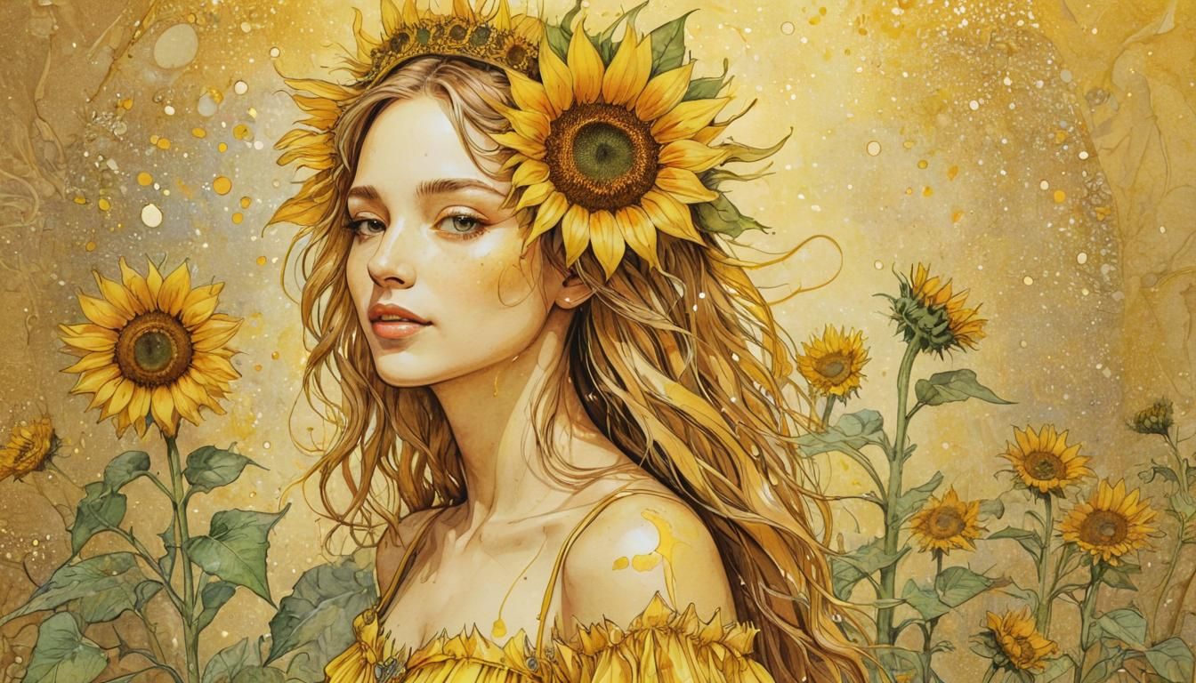 Sunflower Princess: Watercolor Ink Drawing
