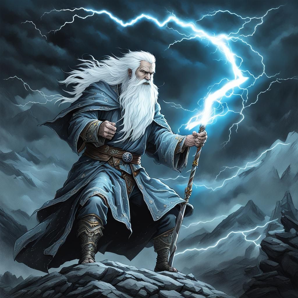 Wizard Channels Lightning at Giant Wolf