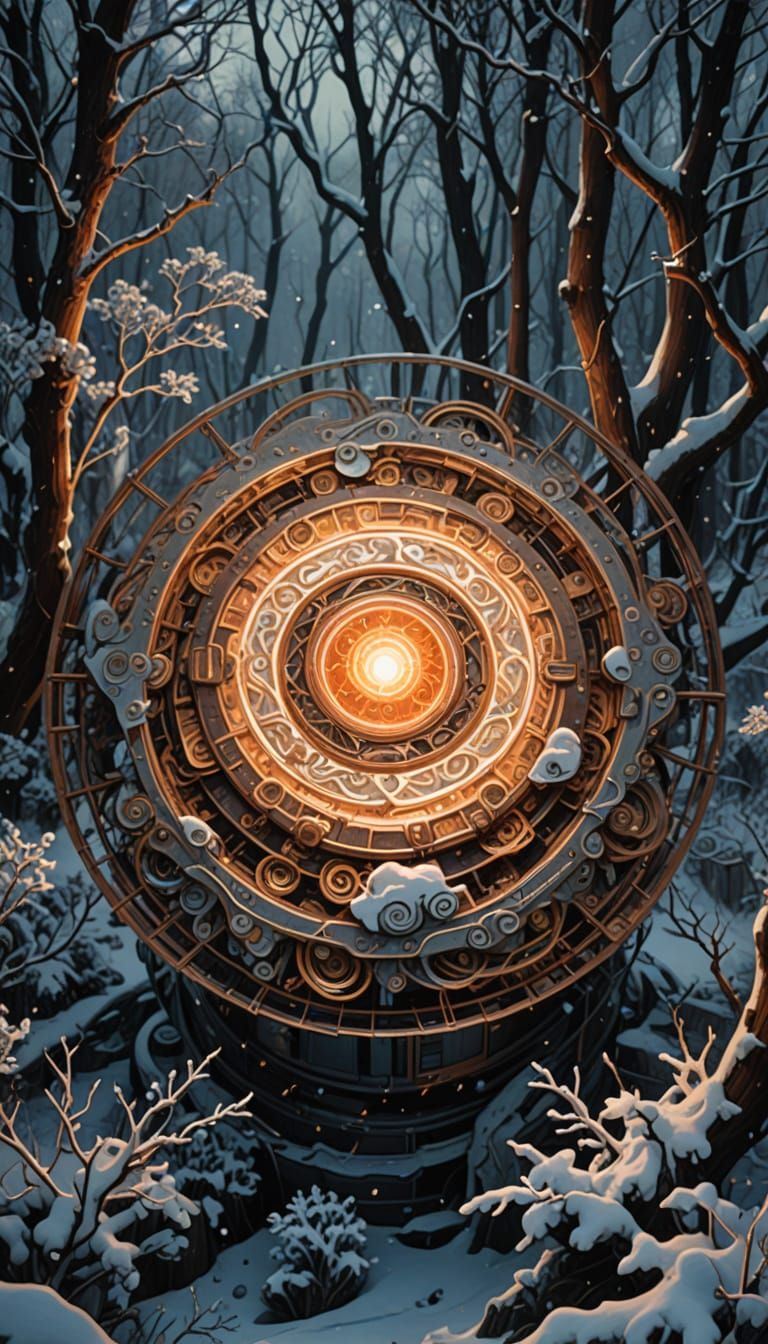 Steampunk Android in Icy Jungle, Aetherpunk Charcoal Art