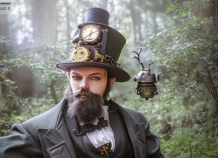 Steampunk Wizard in Victorian Forest, 3D Render