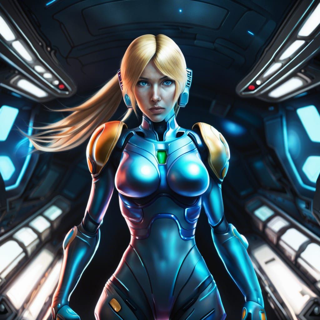 Hyperrealistic Zero Suit Samus Aran in Sci-Fi Setting
