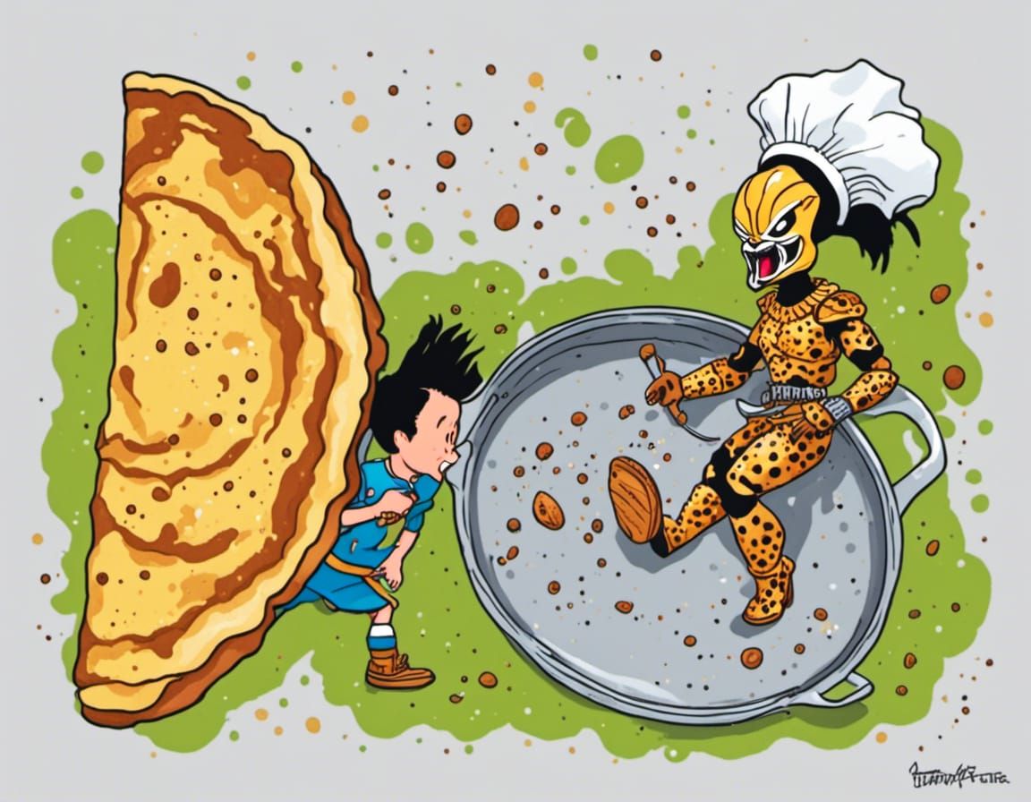 <lora:PredaToon:1.0> <lora:mid-century art:1.0> Pancake tossing a human in a frying pan