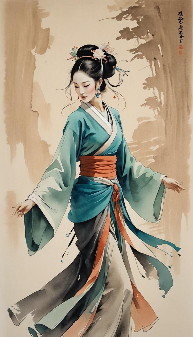 Minimalist Ink Painting of Dunhuang Dancer