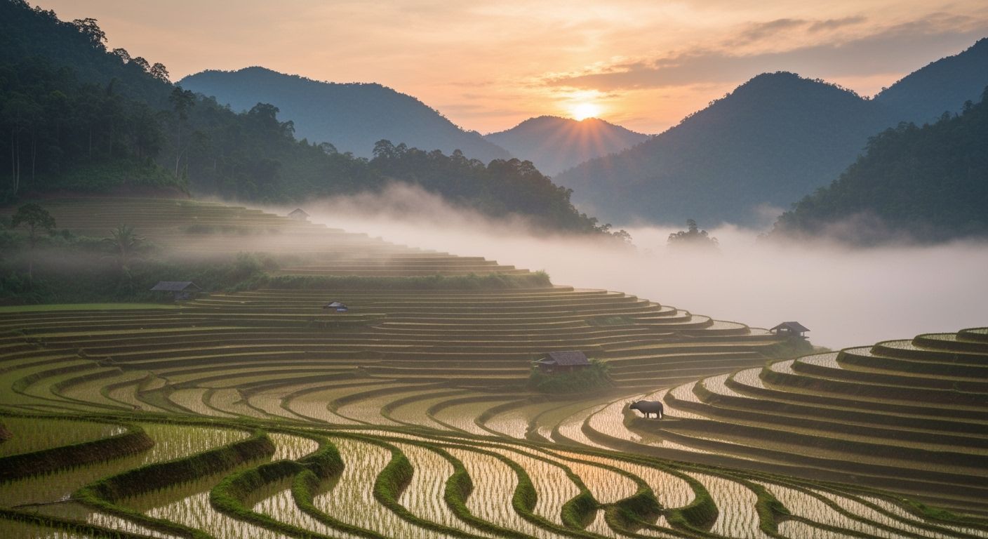 Misty Vietnamese Terraced Fields at Dawn
