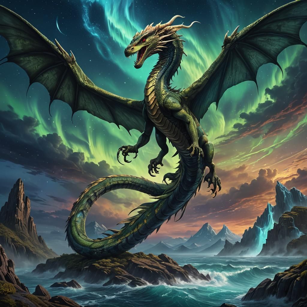 Giant Basilisk Snake Flying Under Aurora Sky