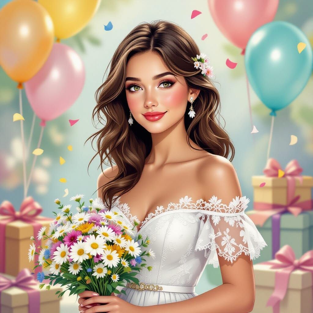 Young Woman with Daisies in Gouache Painting Style