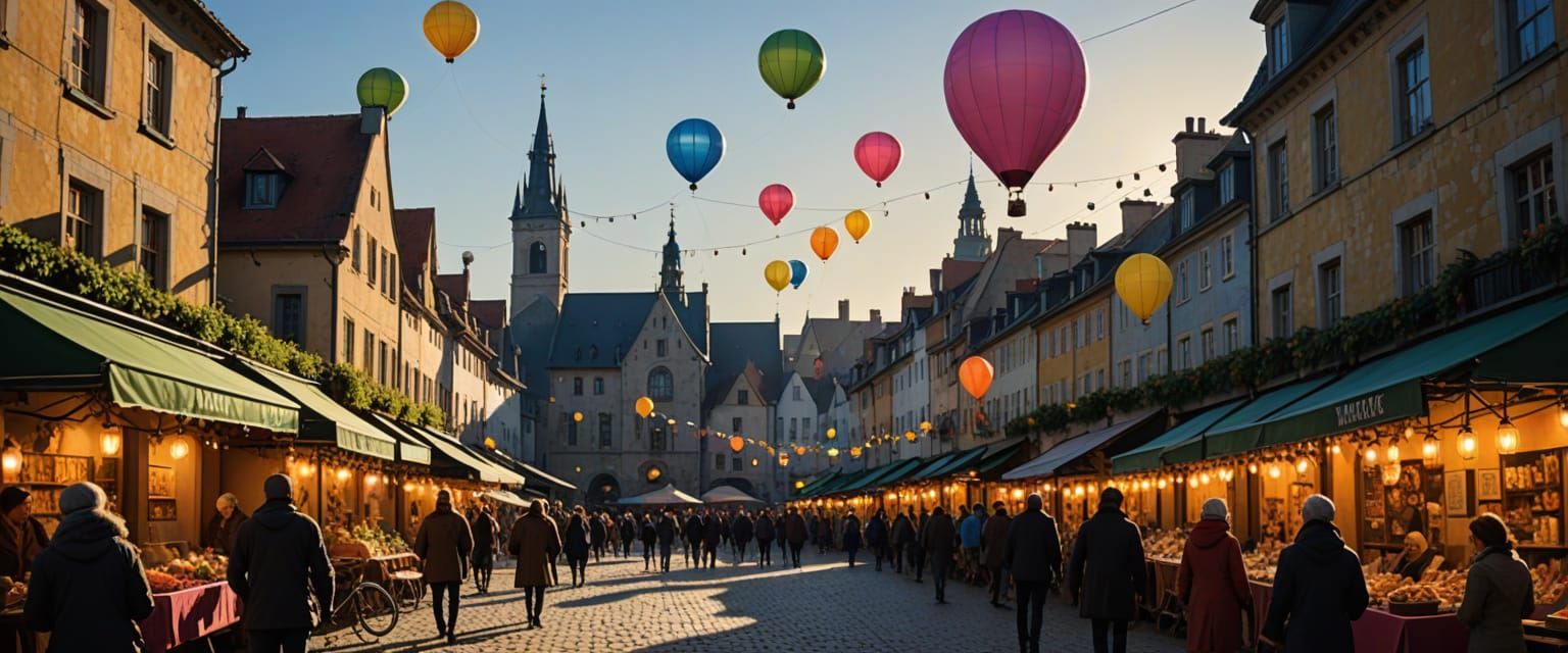 European Christmas Market Square in Comic Book Watercolor St...