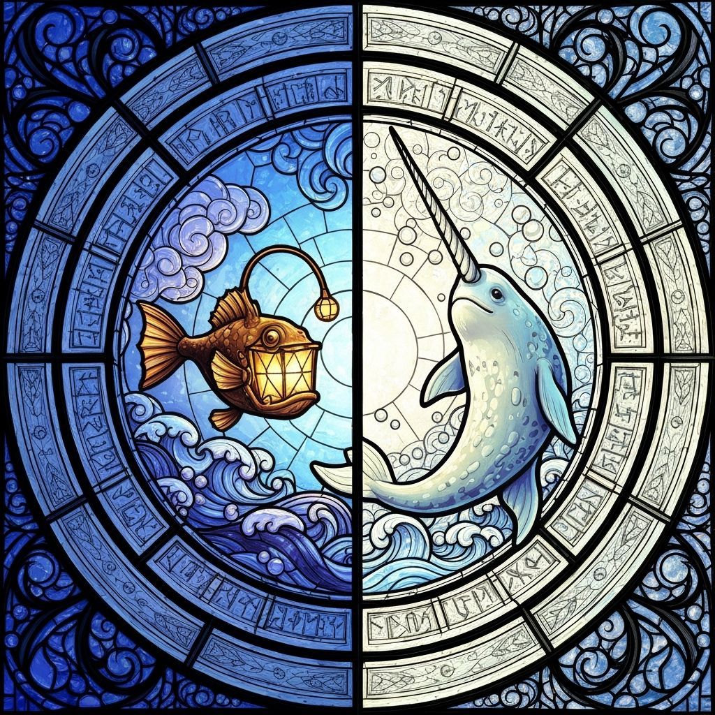 Stained Glass Window of Anglerfish and Narwhal