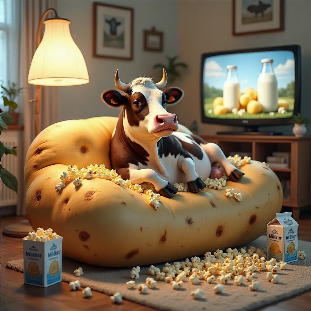 Cow at Home in a Cozy Potato-Shaped Living Room