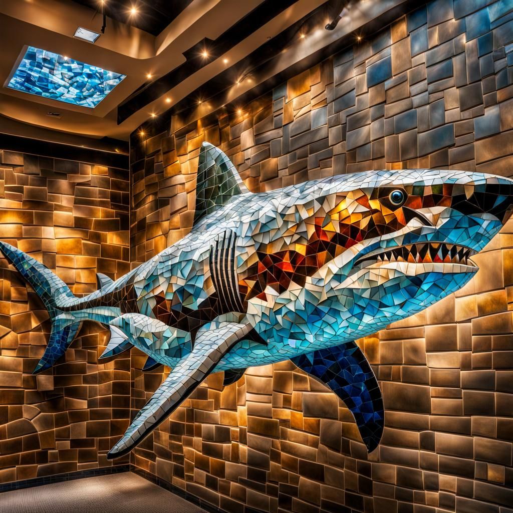 Mosaic Glass Shark on Aquarium Wall in HDR