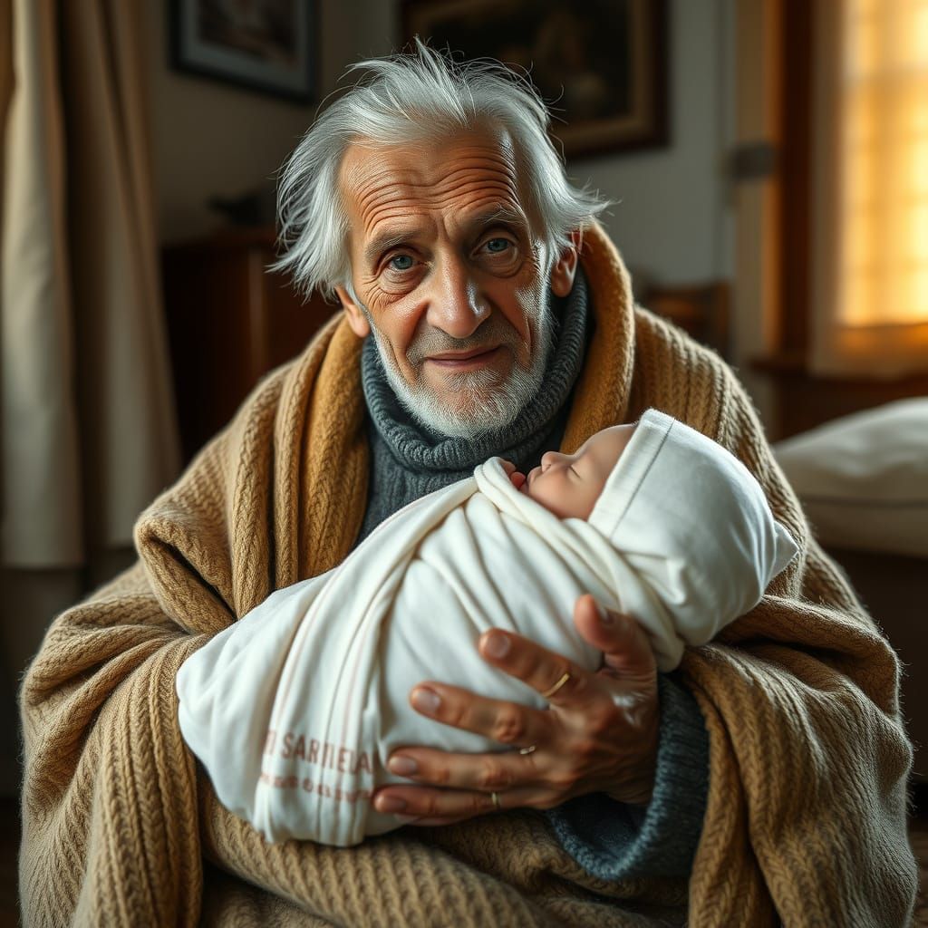Elderly Man Holding Newborn Baby in 4K Photo