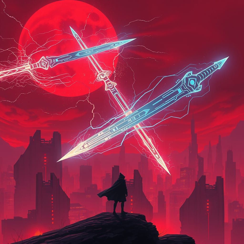 Ethereal Futuristic Cityscape with Swirling Claymore Swords