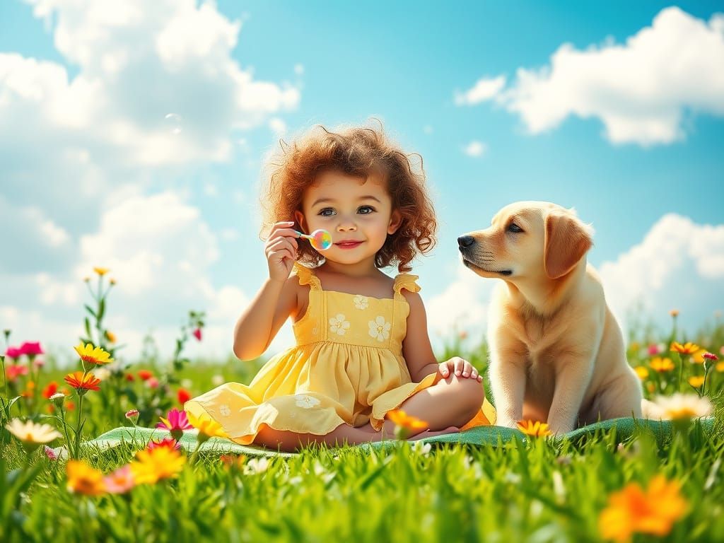 Whimsical Spring Garden Scene with Joyful Girl and Curious D...