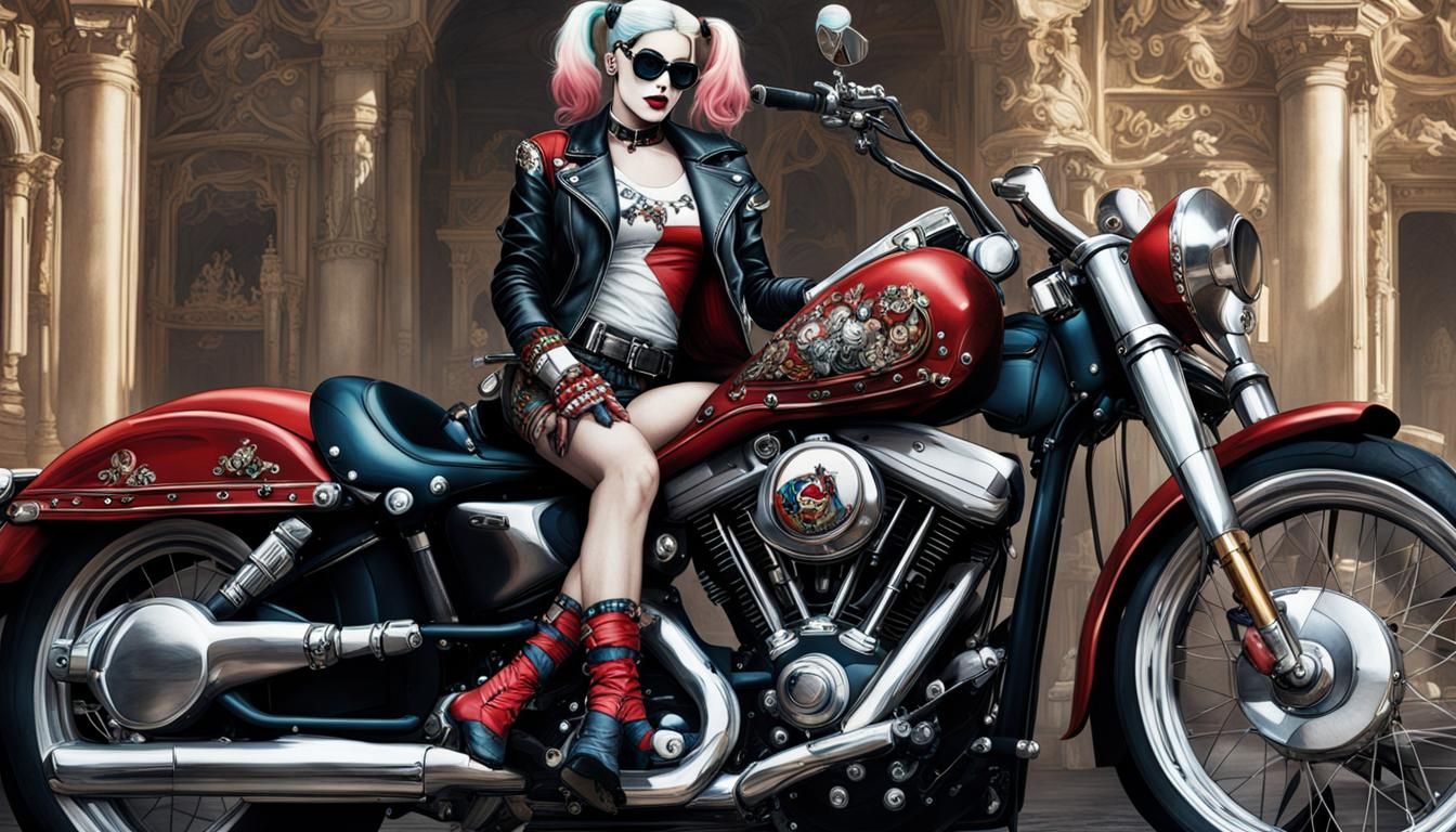 Harley Quinn Rides a Harley in Rococo Style