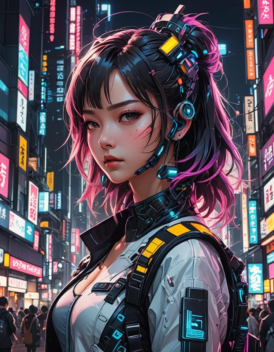 Android Girl in Harajuku Cyberpunk Style