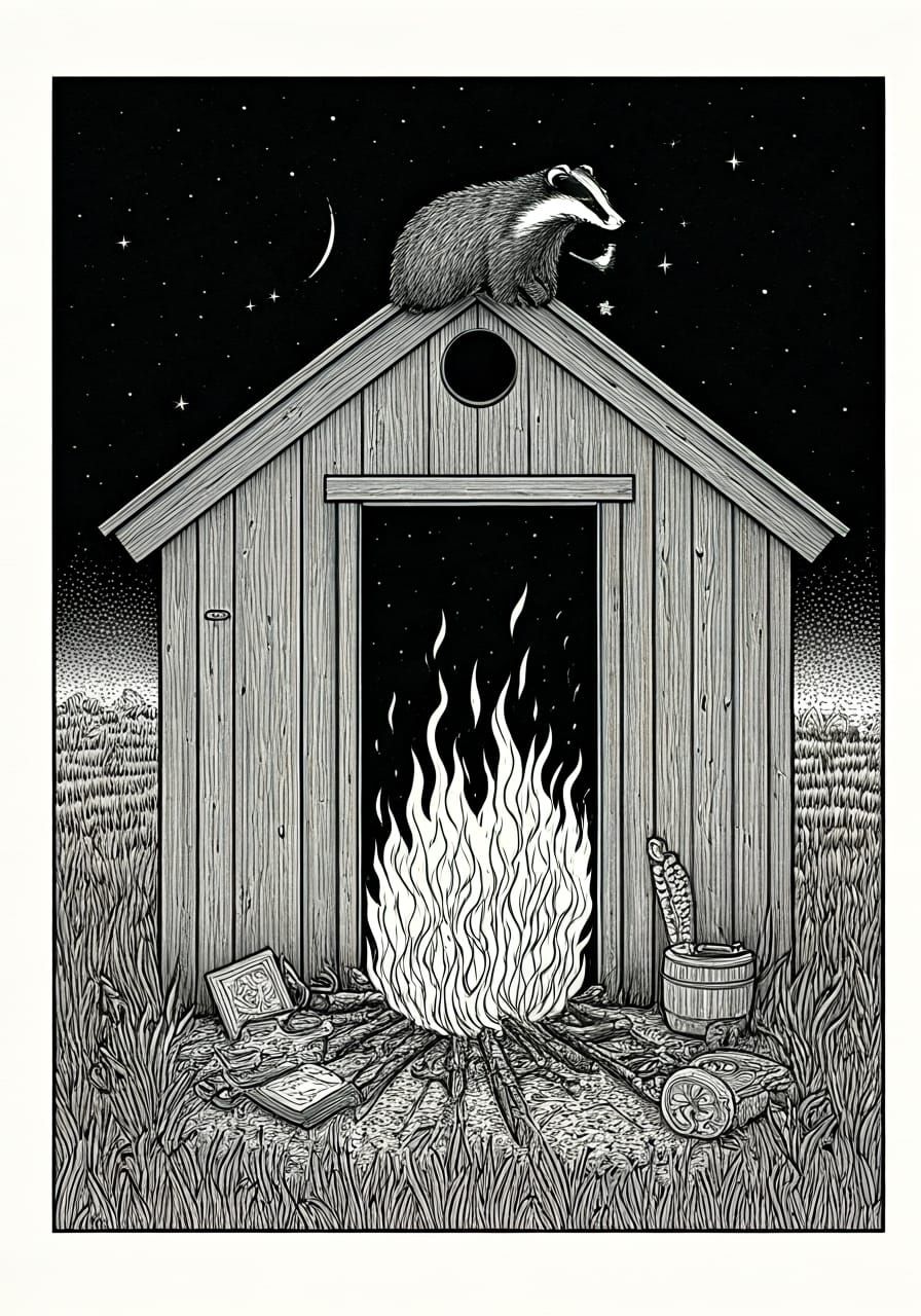 Burning Shed with Hidden Symbols in Folk Art Style