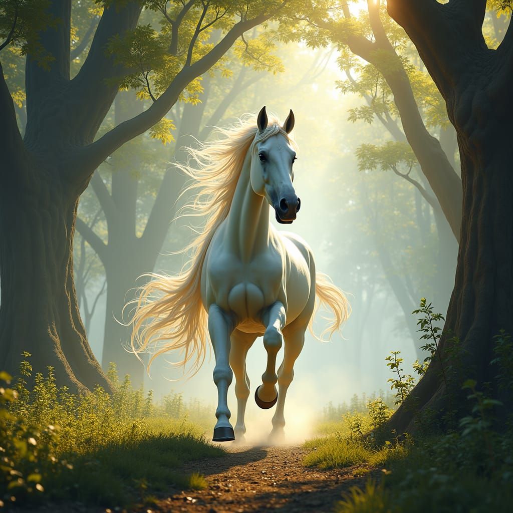 A White horse in a forest