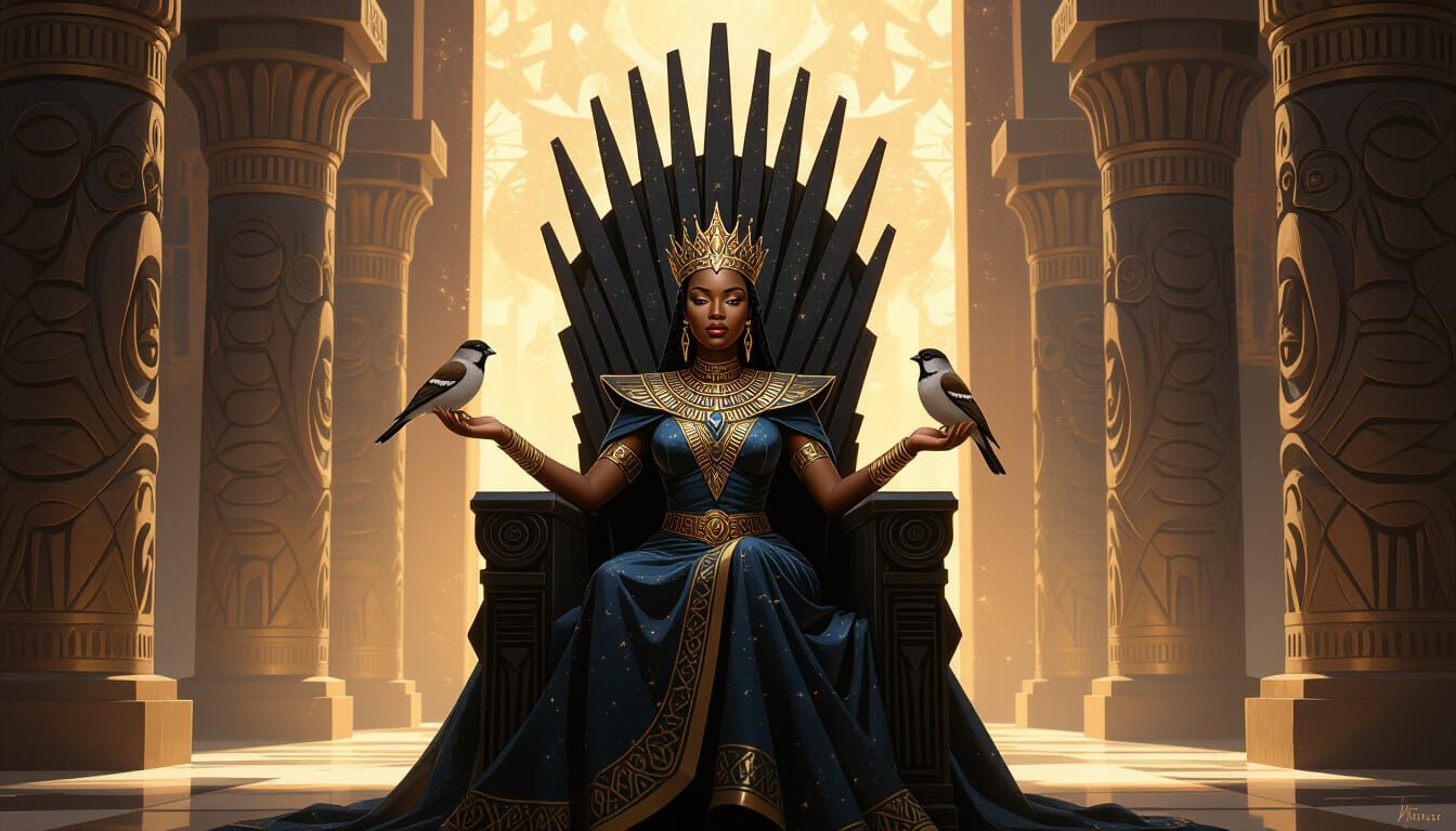 African Queen on Obsidian Throne with Sparrow
