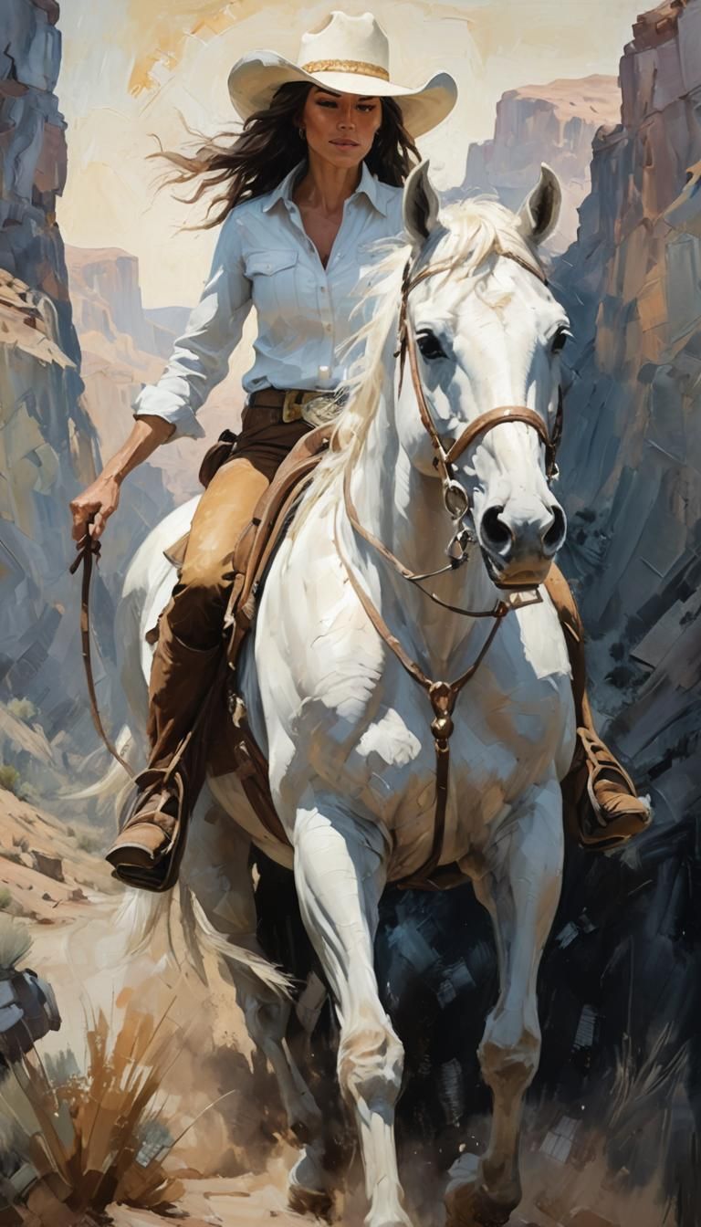 Cowgirl on her white horse, mountain gorge, impasto, rough s...