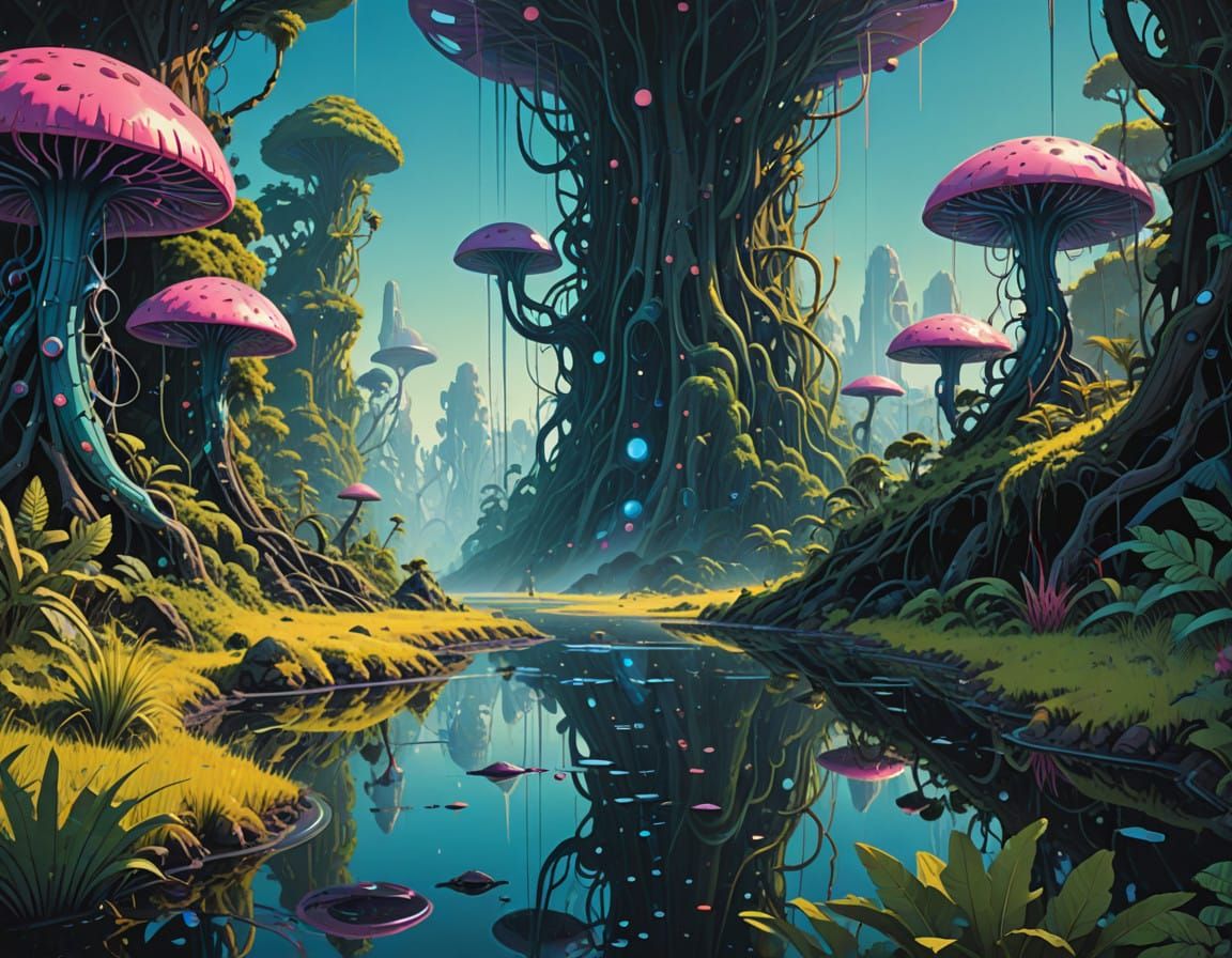 Dreamlike Liquid Jungle in Iridescent Hues, Wild Animals and...